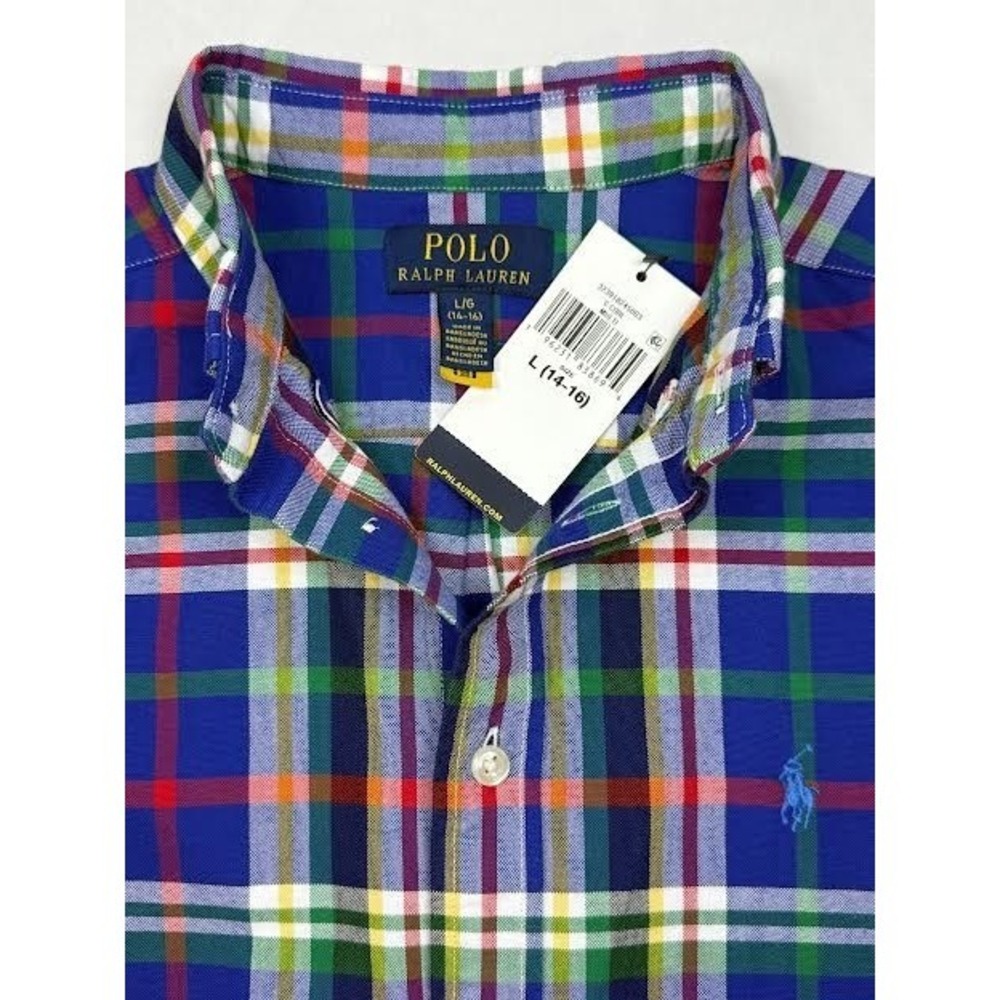 Polo Ralph Lauren Blue Plaid Cotton Button Down Shirt Boy's Size L (16-18) - NWT - Picture 2 of 7